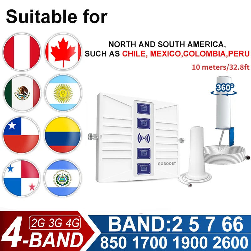 Amplificador Señal Celular 5 Bandas 2G/3G/4G LTE Repetidor 700/1700/1900/2600 MHz