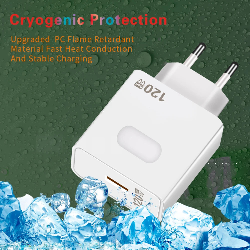 Cargador USB GaN 120W Carga Rápida con Cable USB Tipo C 10A para iPhone/Huawei/Samsung/Xiaomi