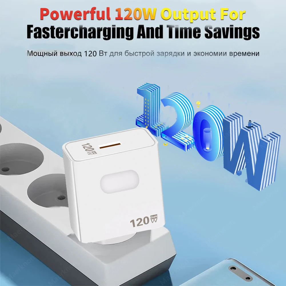 Cargador USB GaN 120W Carga Rápida con Cable USB Tipo C 10A para iPhone/Huawei/Samsung/Xiaomi