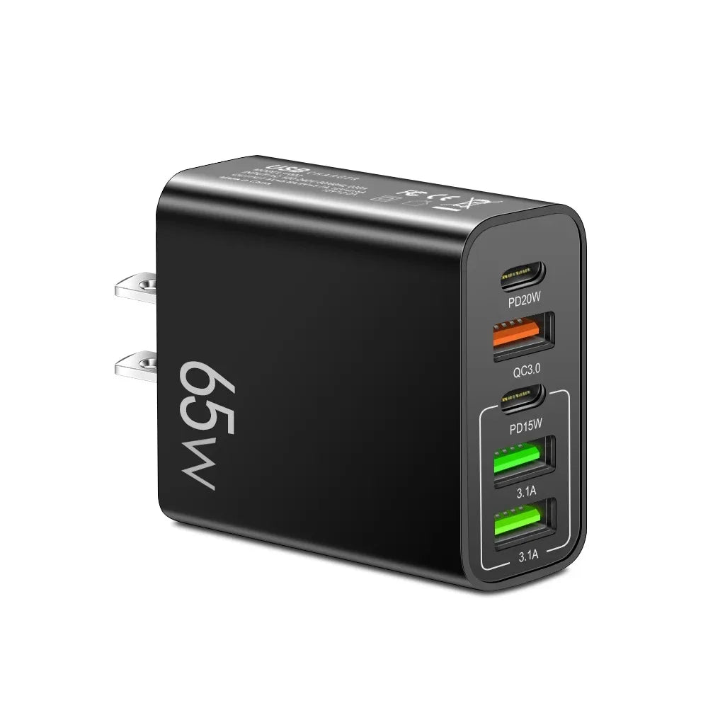Cargador Pared USB C PD 20W + 4 Puertos USB (Total 65W) Carga Rápida QC 3.0 Adaptador para iPhone 15 Pro/Samsung/Xiaomi