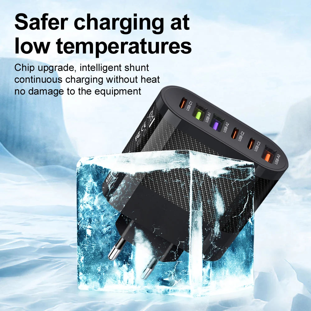 Cargador Pared USB C Múltiple 6 Puertos 65W Carga Rápida PD Adaptador Móvil para iPhone 14/15 Pro/Xiaomi/Samsung/Oneplus