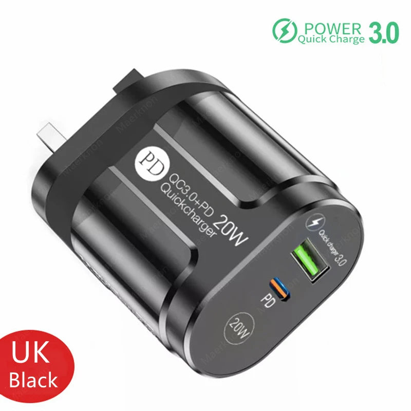 Cargador USB Doble Puerto (Quick Charge 3.0, PD 20W Tipo C) Adaptador Carga Rápida para iPhone 13/12Pro/Huawei/Xiaomi/Samsung