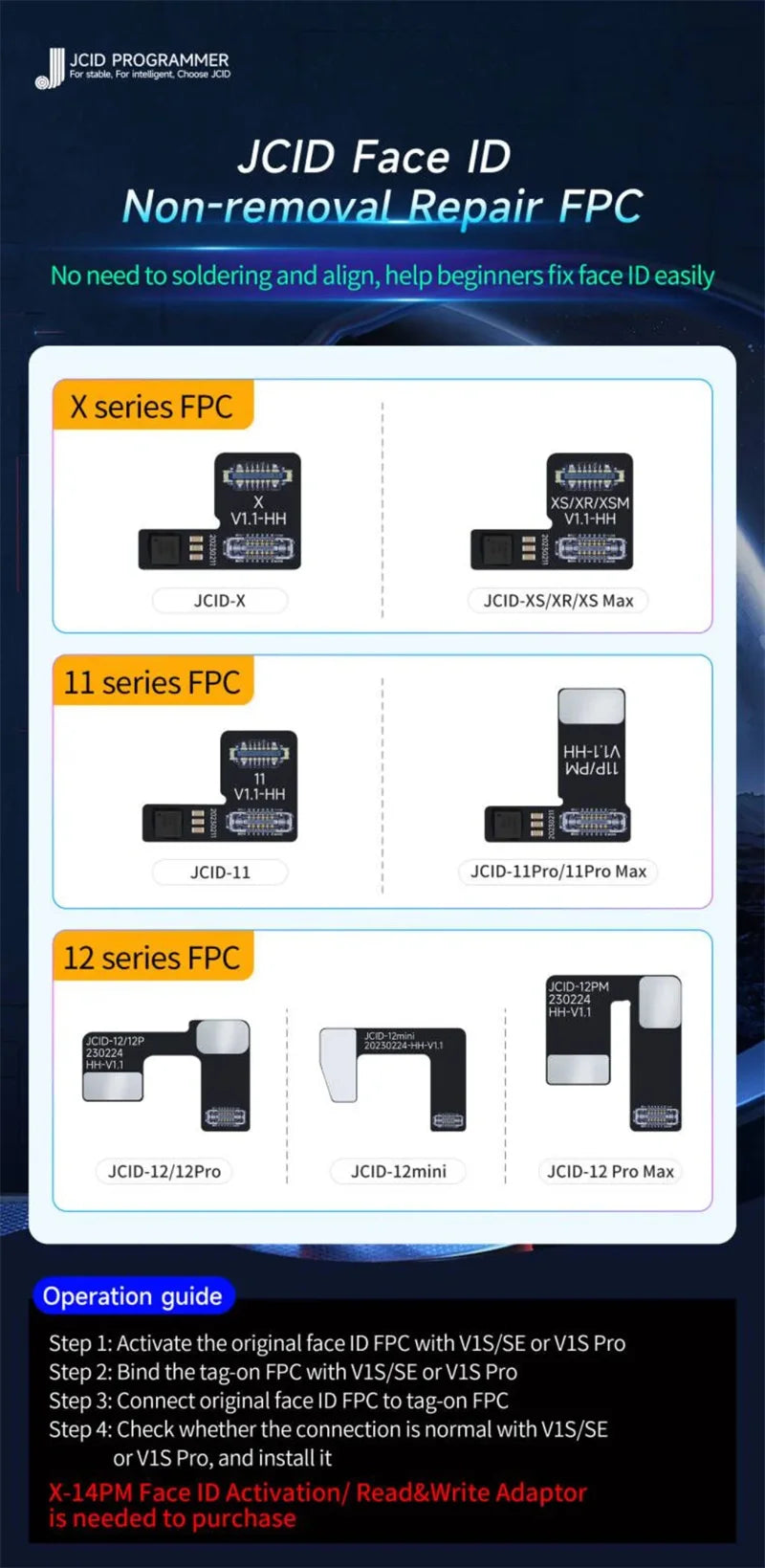 JCID JC V1SE Dot Matrix Tag On Flex For iPhone X XR XS MAX 11 12 Pro Max Mini Face ID Non-removal Repair Read Write Data Board