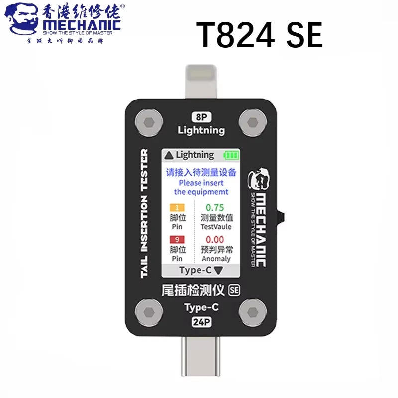 Tester Inserción Trasera Mechanic T-824 / T824-SE - Detector Interfaz Tipo-C/Lightning para Reparación Móvil