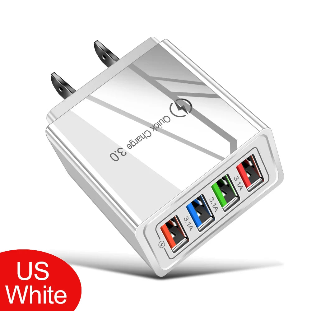 Cargador Pared USB 4 Puertos Quick Charge 3.0 Carga Rápida para iPhone 15/14/Samsung/Xiaomi (Enchufe EU/US)