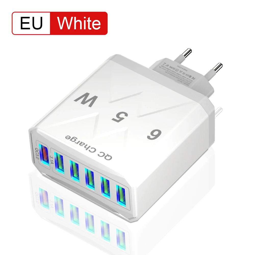 Adaptador Cargador Viaje Rápido USB 3.1A 6 en 1 Multi-Enchufe QC3.0 para iPhone 12/13/Samsung/Xiaomi