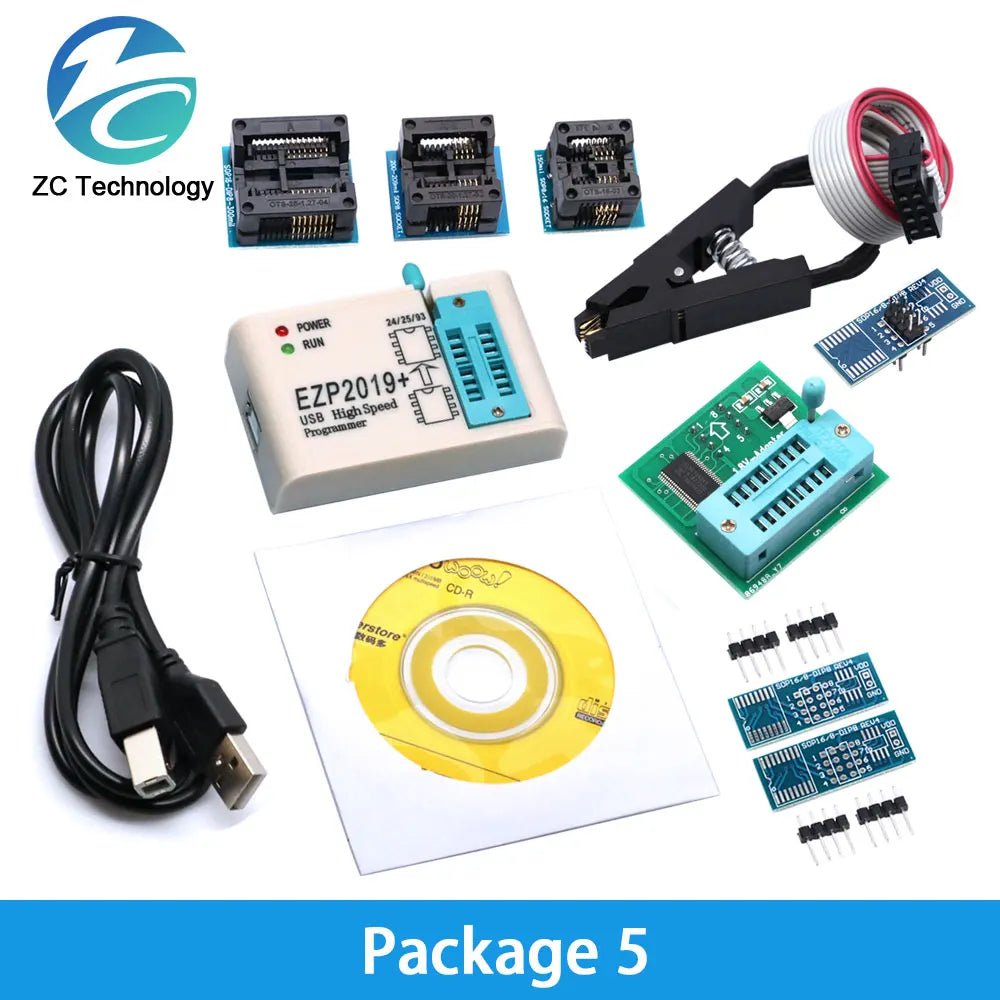 Kit Programador USB SPI Alta Velocidad EZP2019 (Última Versión) Full Set con Adaptadores Socket para EEPROM 24/25/93, Flash 25 BIOS Chip