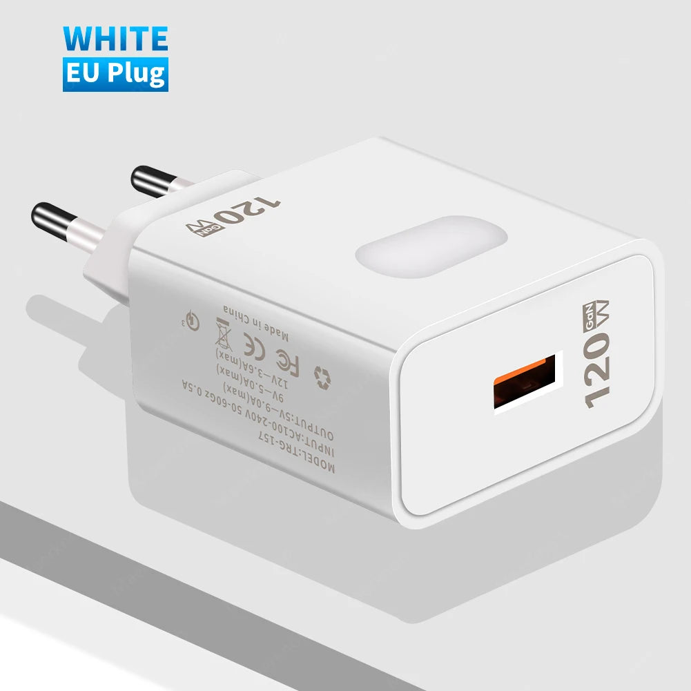Cargador USB GaN 120W Carga Rápida con Cable USB Tipo C 10A para iPhone/Huawei/Samsung/Xiaomi