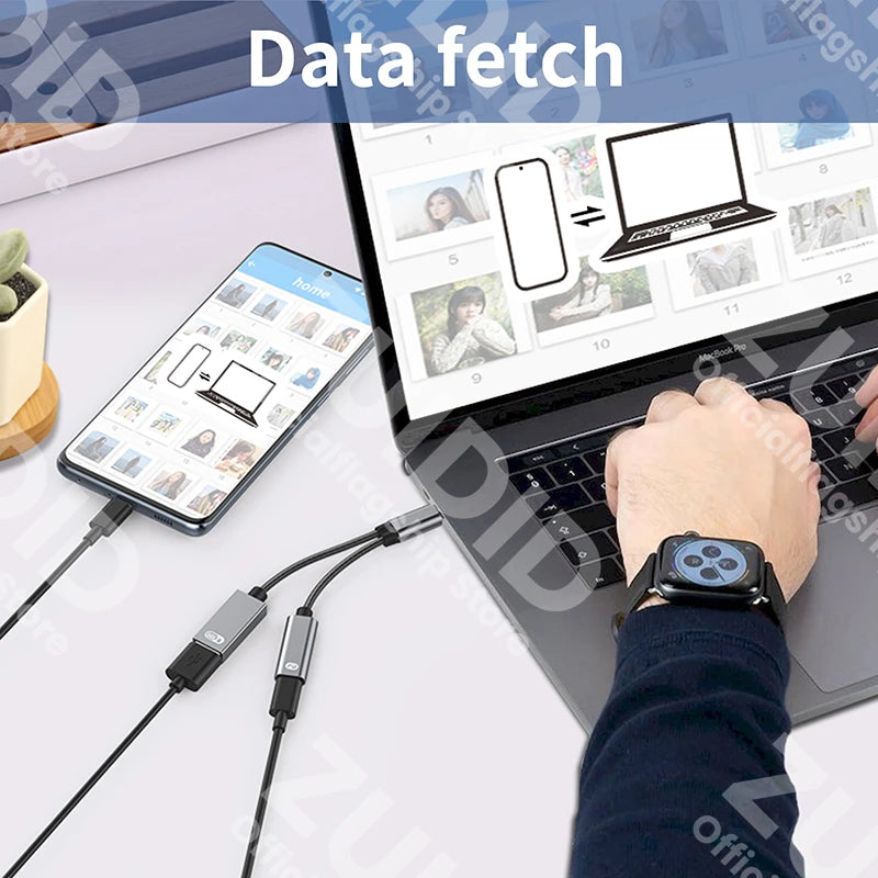 Adaptador Cable Carga USB-C OTG 2-en-1 PD 60W + USB 2.0 Data Converter para iPad Pro/Samsung/Huawei/Xiaomi/Laptop/Tablet