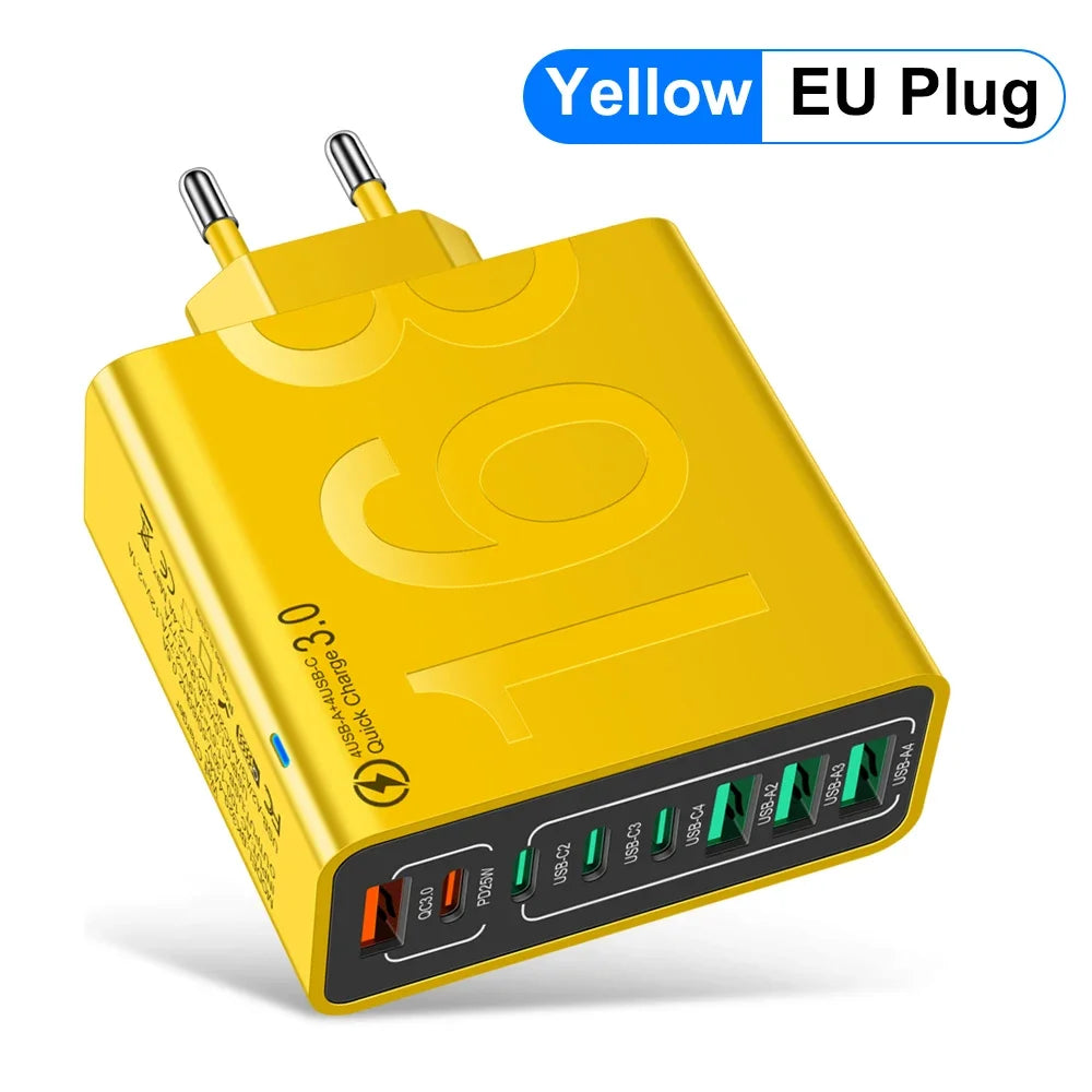 Cargador Pared USB Tipo C Múltiple 8 Puertos Alta Velocidad Carga Rápida PD para iPhone 15/Xiaomi/Huawei