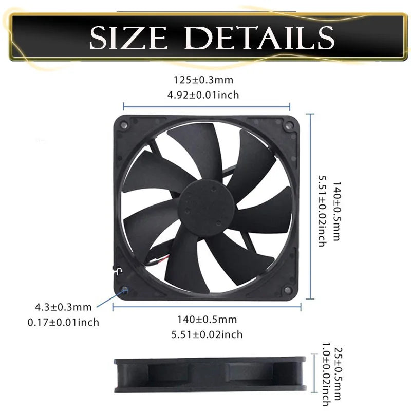 Ventilador Gdstime 140mm (5V/12V/24V, 2PIN/USB, Rodamiento Bola/Buje) para Gabinete PC/CPU Laptop (140x140x25mm)