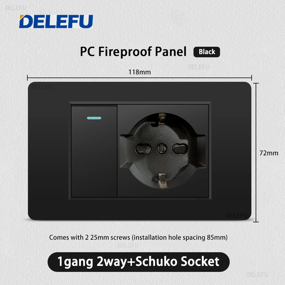 Enchufe Pared Delefu Italia/Chile PC Negro USB-C Carga Rápida + Schuko + Switch Smart Tuya WiFi + SAT/TV/TEL/Timbre