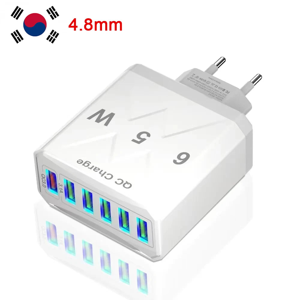 Adaptador Cargador Viaje Rápido USB 3.1A 6 en 1 Multi-Enchufe QC3.0 para iPhone 12/13/Samsung/Xiaomi