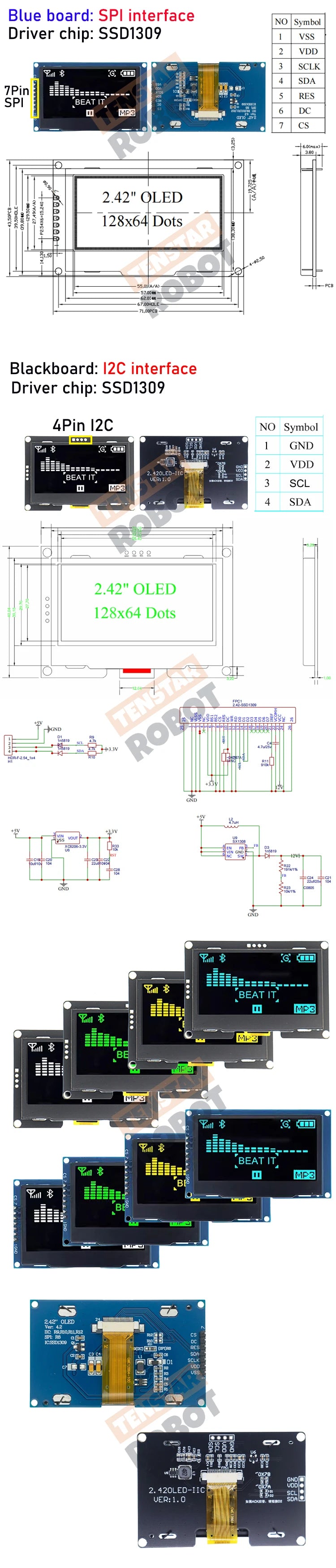 OLED 2.4" 2.42 Inch 128x64 LCD Display SSD1309 12864 4 Pin IIC I2C SPI Serial Interface
