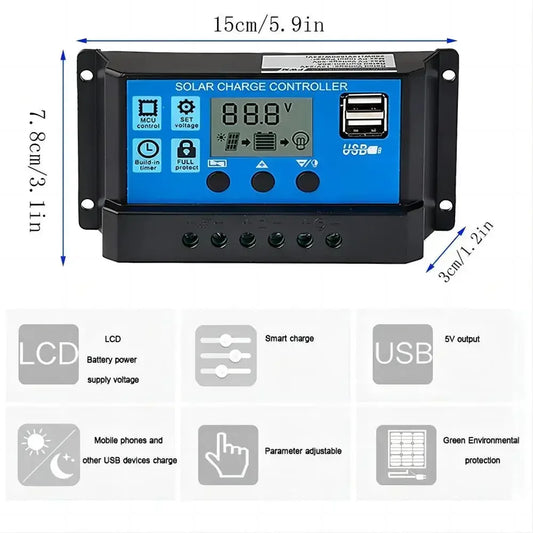 Controlador Carga Panel Solar 12V/24V PWM/MPPT 10A-30A Cargador Batería Auto Regulador USB 5V Max PV 50V