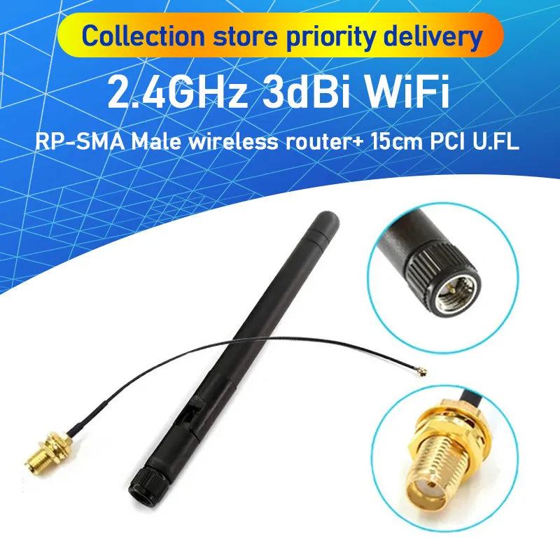 Antena WiFi 2.4GHz 3dBi RP-SMA Macho + Cable Pigtail 15cm PCI U.FL/IPX a RP-SMA Macho para ESP8266/ESP32