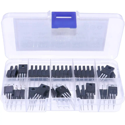 Kit Surtido Transistores/Diodos TO-220 - 10 Tipos (MOSFETs N-Ch, BJT, Schottky) en Caja (Total 50 Piezas)