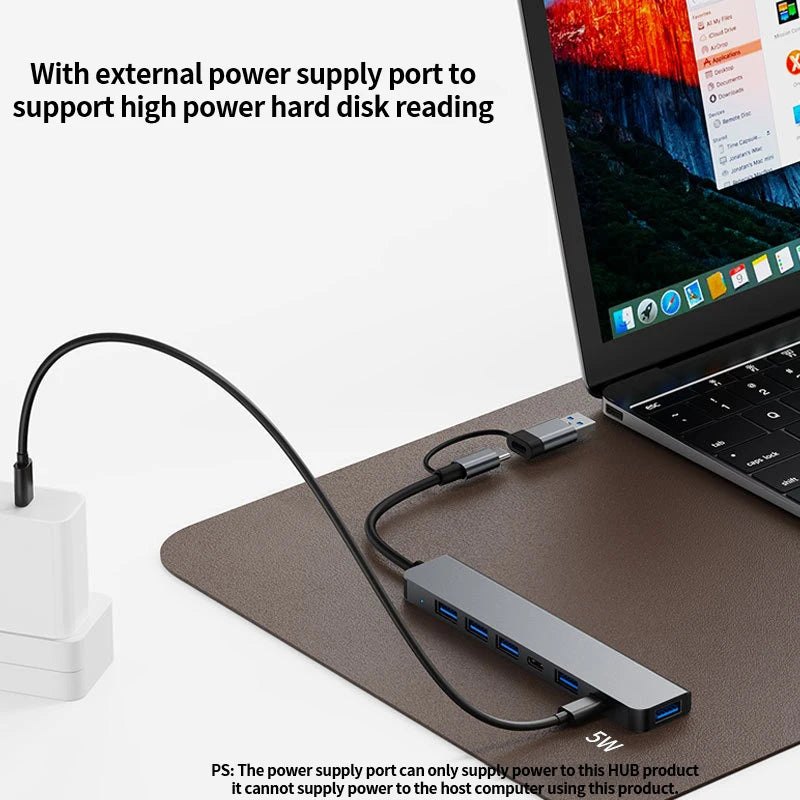 Hub Extensor USB-C a USB 3.0 Aluminio 7 en 1 (1x USB 3.0, 4x USB 2.0, 2x USB-C) Distribuidor USB