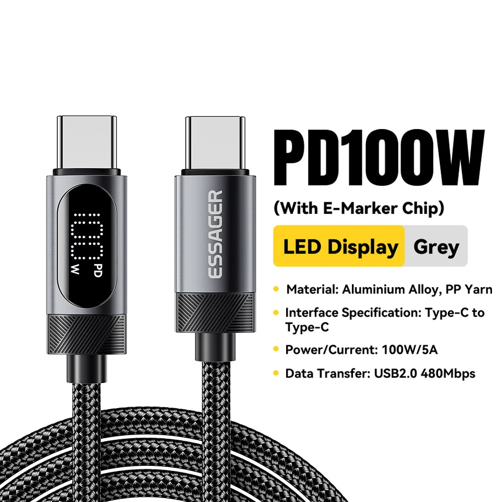 Cable Essager USB-C a Tipo C PD 100W Carga Rápida con Pantalla Digital para iPhone 15/16/Xiaomi/Huawei/Macbook/iPad