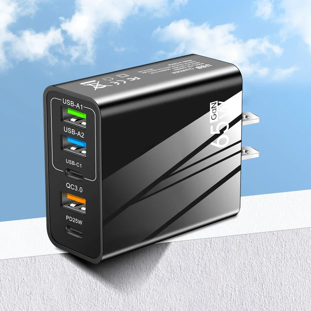 Cargador Pared Rápido 65W (PD + 3 USB-A 3.1A) Adaptador Viaje Multi-Interfaz Enchufe EU/US para Samsung/Xiaomi/iPhone