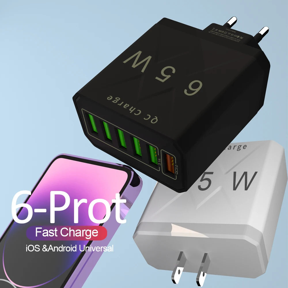 Adaptador Cargador Viaje Rápido USB 3.1A 6 en 1 Multi-Enchufe QC3.0 para iPhone 12/13/Samsung/Xiaomi