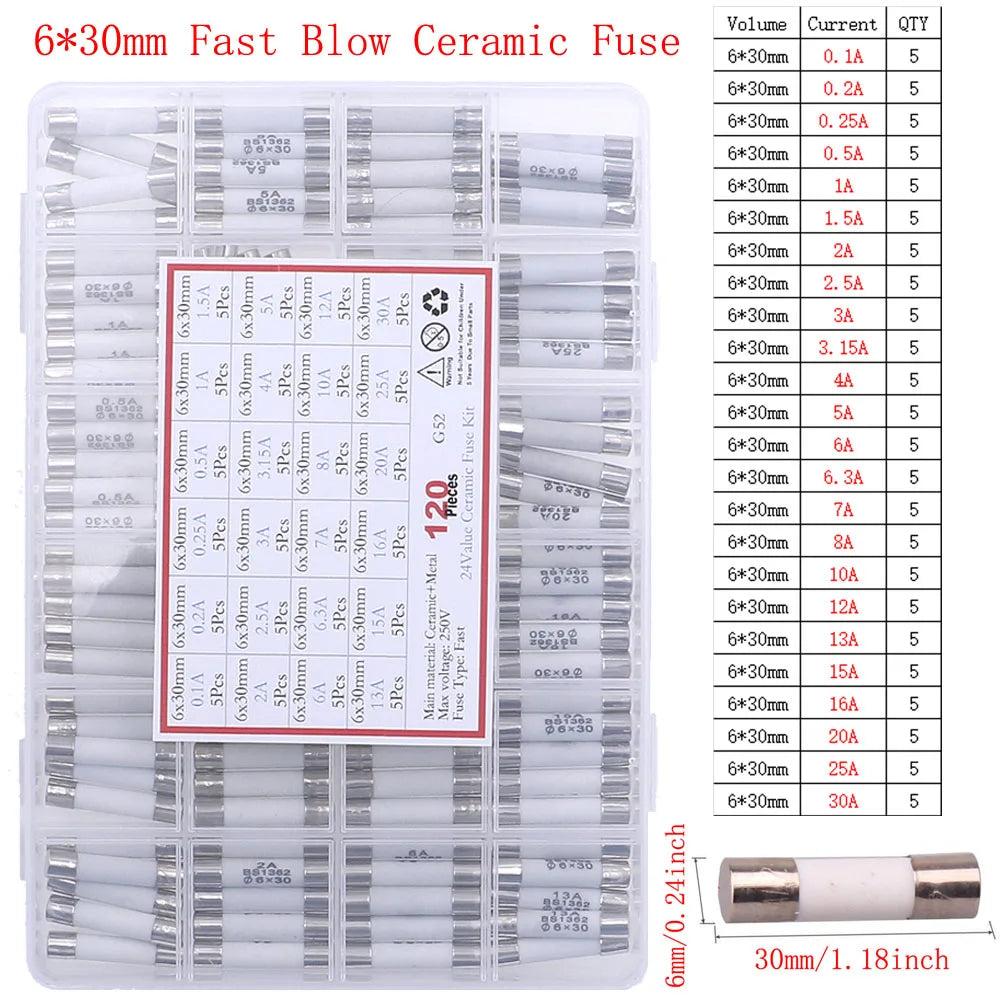 12V-250V Slow Fast Glass Fuse With Lead Wire Mix kit 0.1A 0.25A 0.5A 1A 2A 2.5A 3A 3.15A 4A 5A 6A 6.3A 8A 10A 15A 16A 20A 30A