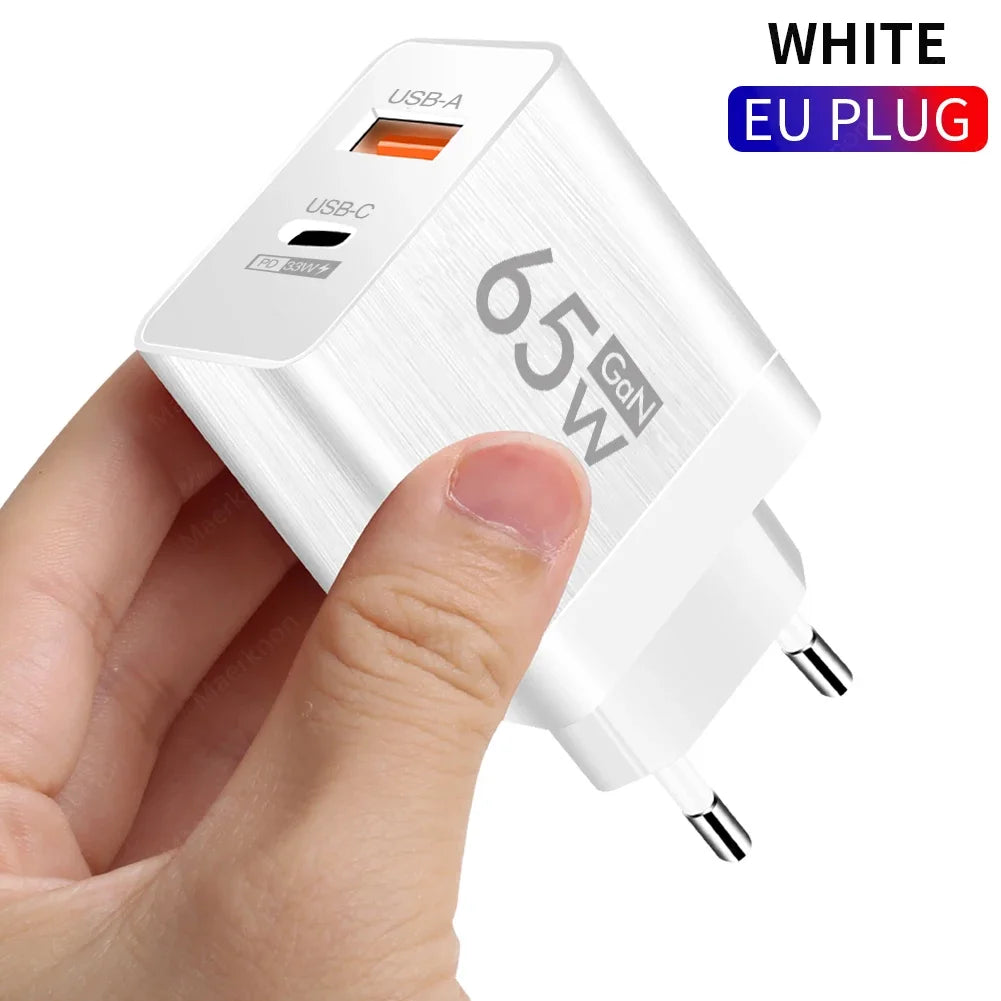 Cargador Pared USB PD GaN 65W Doble Puerto (Tipo C + USB QC3.0) Adaptador Carga Rápida Móvil para iPhone/Samsung/Xiaomi