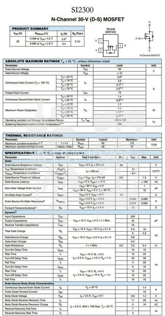 MOSFET Canal-N SI2300 SMD SOT-23 30V 3.6A - Lote 100 Piezas