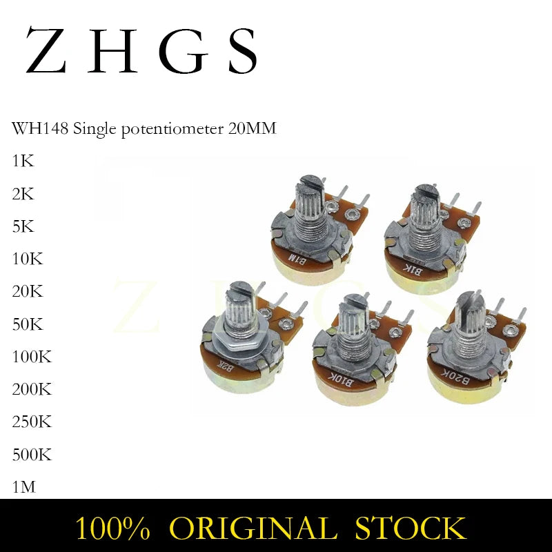 10PCS WH148 20mm 3pin Linear Potentiometer With Nuts And Washers 1K 2K 5K 10K 20K 50K 100K 250K 1M Potentiometers Kit