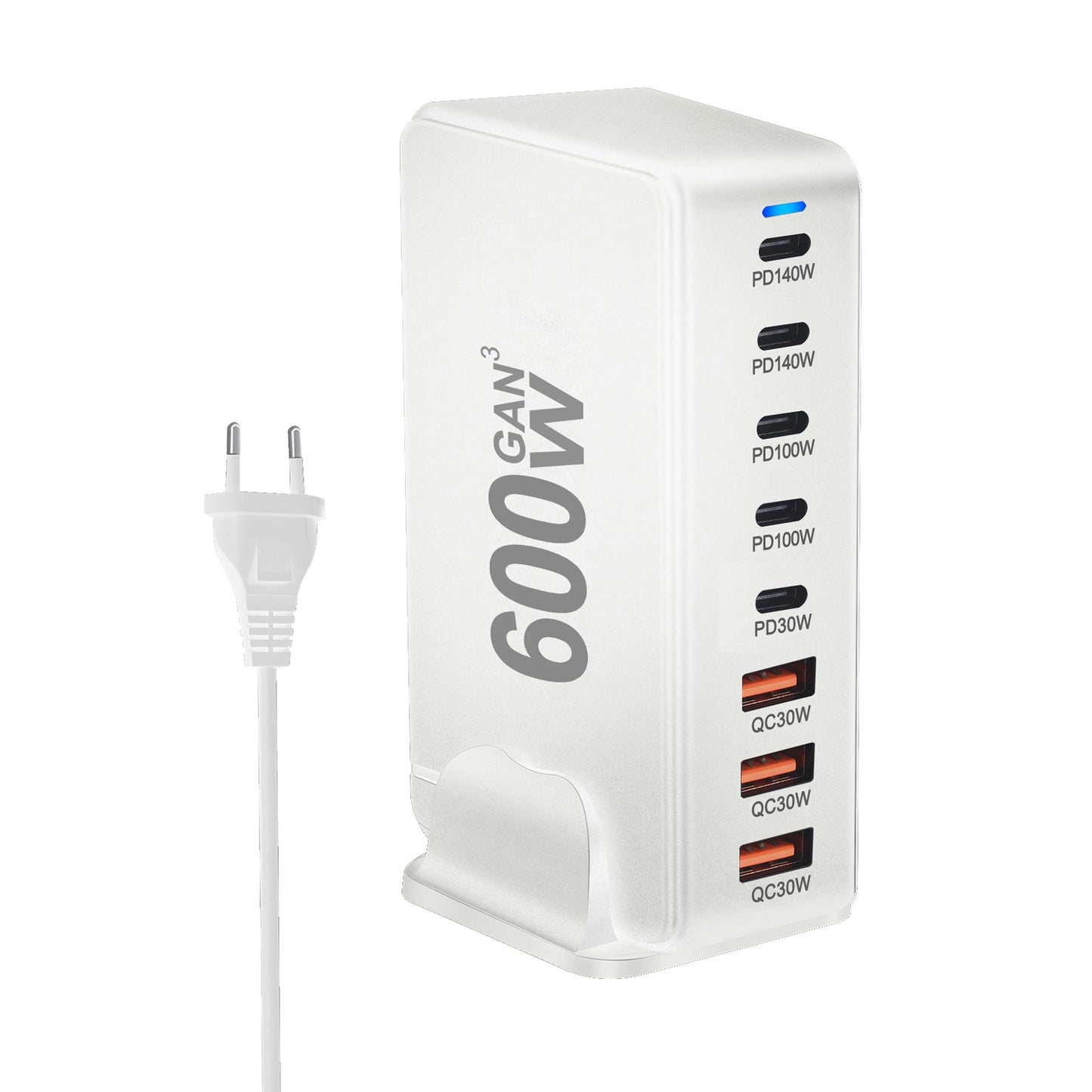 Cargador GaN Rápido 600W 8 Puertos (5 USB-C PD + 3 USB-A QC 3.0?) Portátil para Móvil/Tablet