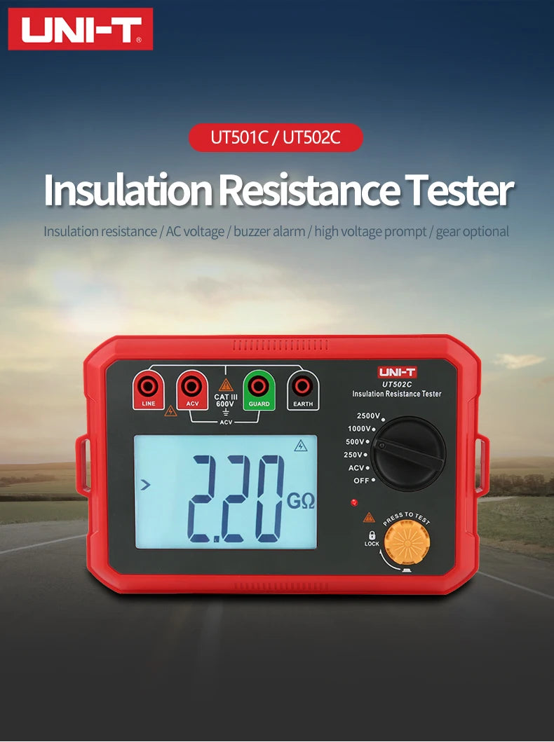 Probador Resistencia Aislamiento UNI-T UT501A/UT501C/UT502A/UT502C - Megóhmetro Digital Ohm Tester, Auto Rango, Backlight