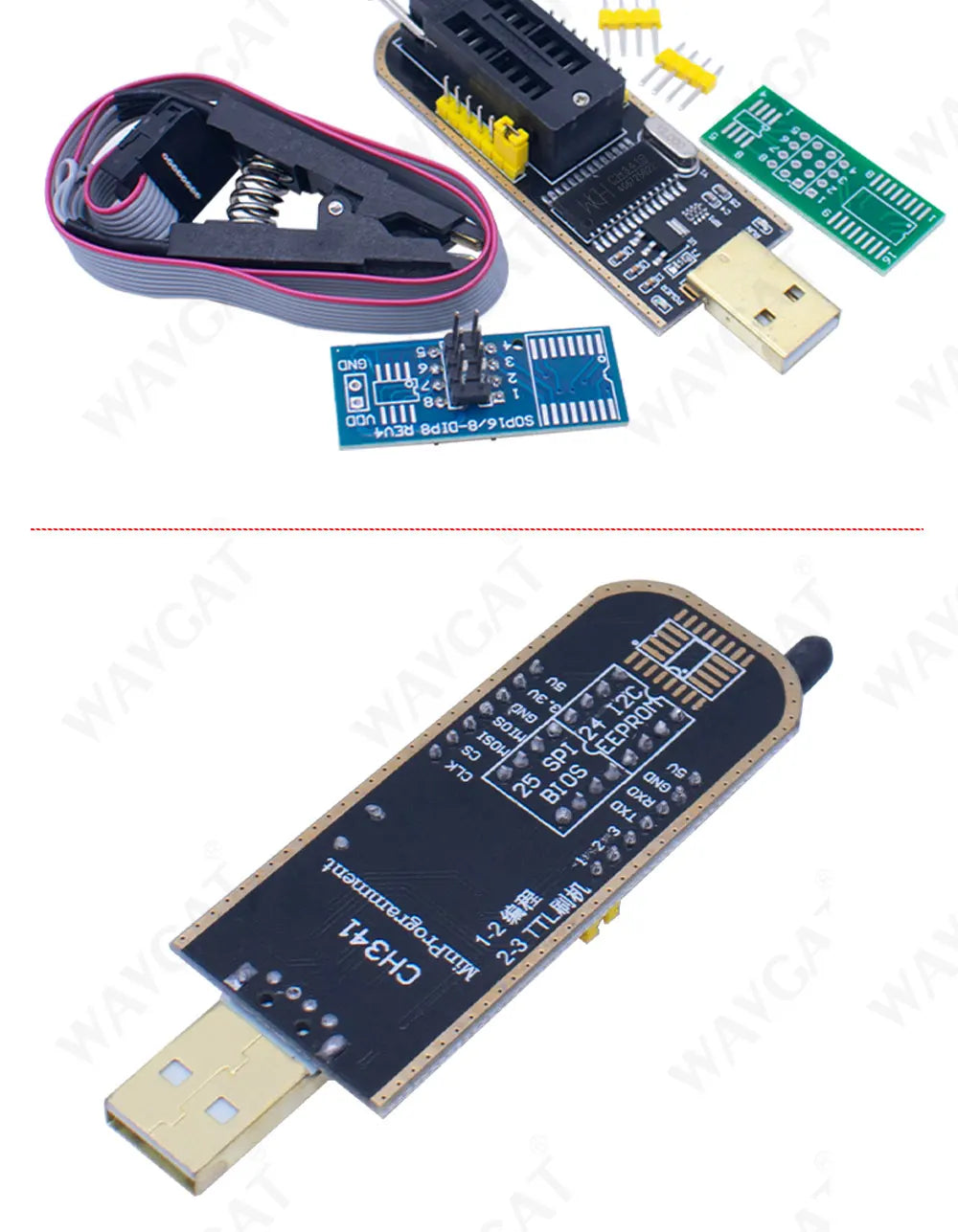 Kit Programador USB CH341 24/25 Series EEPROM Flash BIOS + Clip Test SOIC8/SOP8