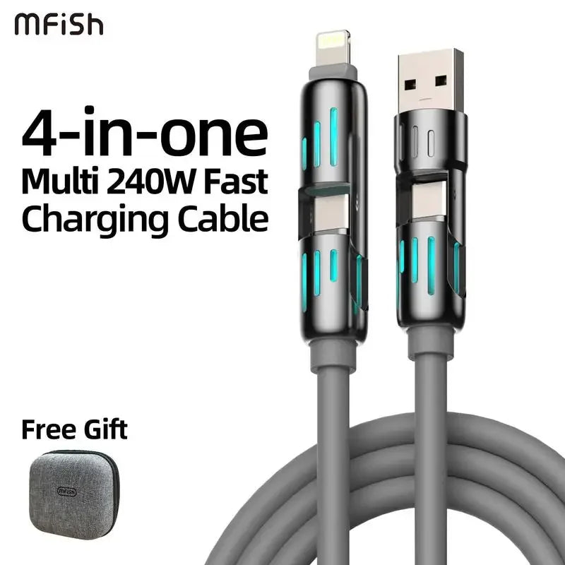 Cable Carga USB Multifunción 4 en 1 MFISH (USB/Tipo C/Lightning, Max 240W) Carga Rápida y Sincronización Datos para iPhone 15/16/iPad