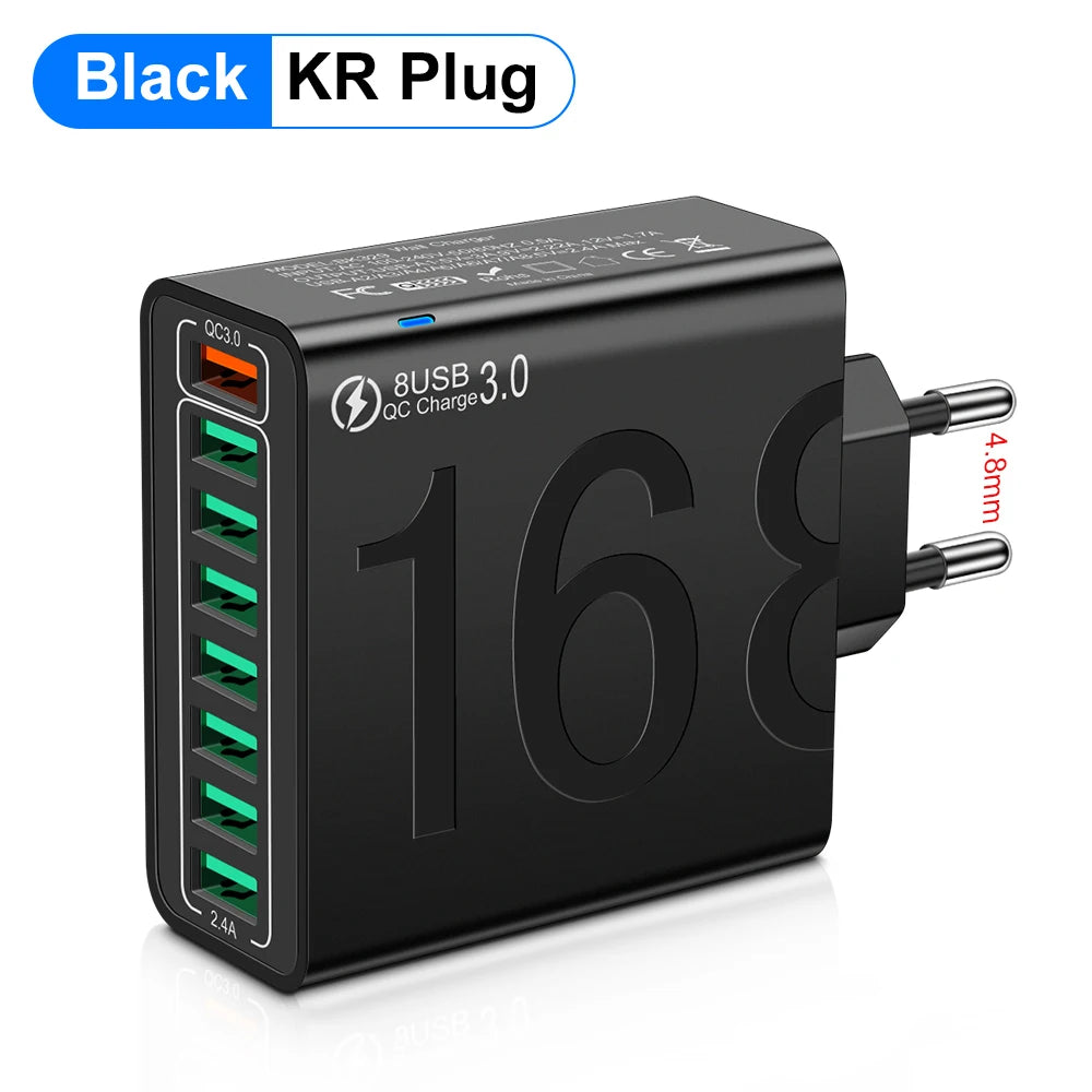 Cargador Pared Rápido USB Total 150W QC 3.0 Adaptador Carga Móvil Enchufe EU/US/KR para iPhone/Xiaomi/Huawei