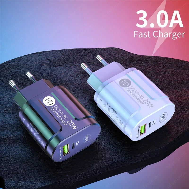 Cargador USB Doble Puerto (Quick Charge 3.0, PD 20W Tipo C) Adaptador Carga Rápida para iPhone 13/12Pro/Huawei/Xiaomi/Samsung