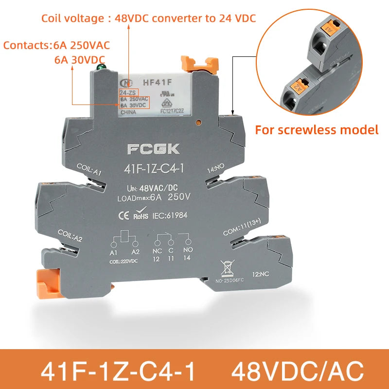 Módulo Relé Delgado DIN Rail 41F-1Z-C4-1 PCB con Socket Holder 12V/24V AC/DC / 220V AC 6.2mm