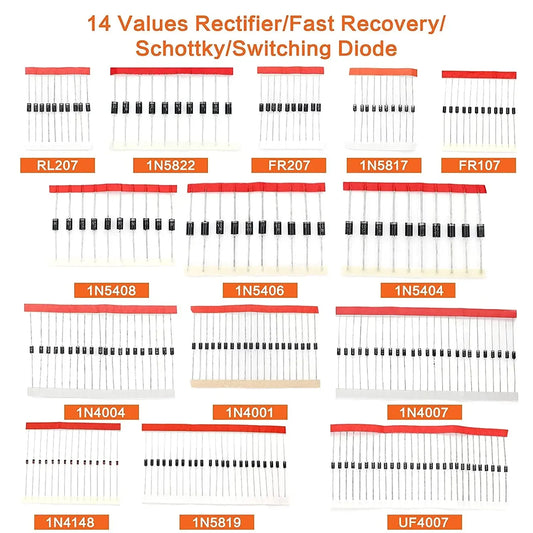 Kit Surtido Diodos 14 Valores (Rectificador/Recuperación Rápida/Schottky/Switching) 1N4001-FR207 en Caja (350 Piezas)