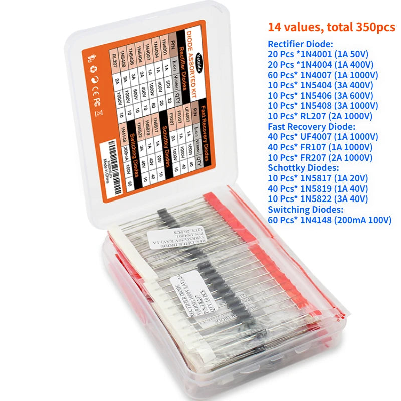 Kit Surtido Diodos 14 Valores (Rectificador/Recuperación Rápida/Schottky/Switching) 1N4001-FR207 en Caja (350 Piezas)