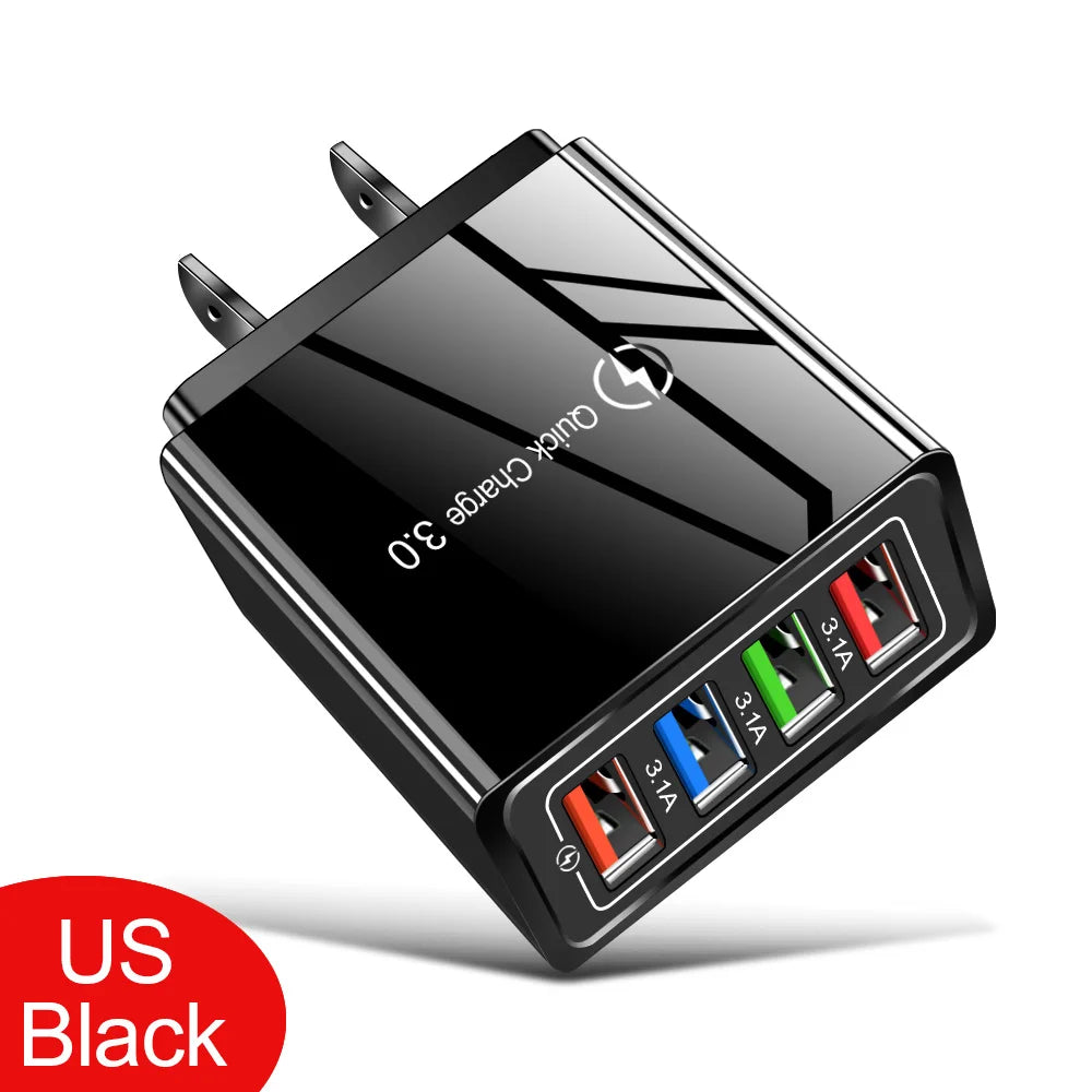 Cargador Pared USB 4 Puertos Quick Charge 3.0 Carga Rápida para iPhone 15/14/Samsung/Xiaomi (Enchufe EU/US)