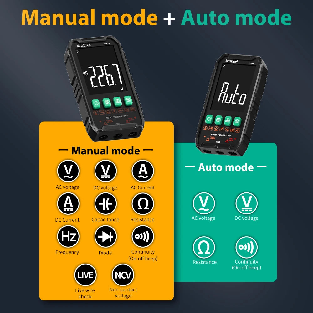 Multímetro Digital Multifunción Mastfuyi FY106 AC/DC - Smart Tester NCV, Ohmetro, Voltímetro (600V)