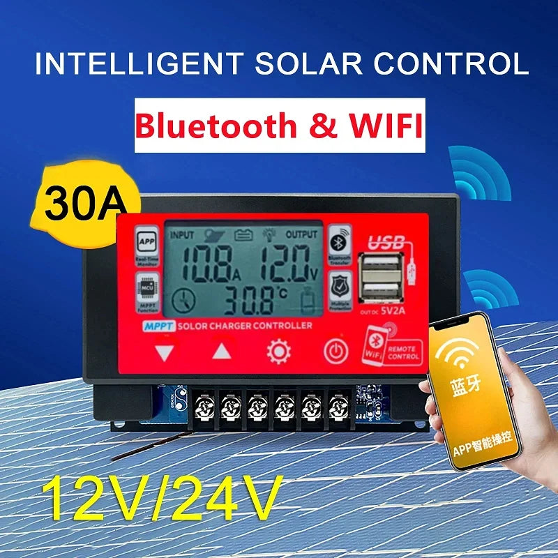 Controlador Carga Solar MPPT 30A/60A 12V/24V LCD Display Bluetooth/WiFi Snap-On Almacenamiento Energía