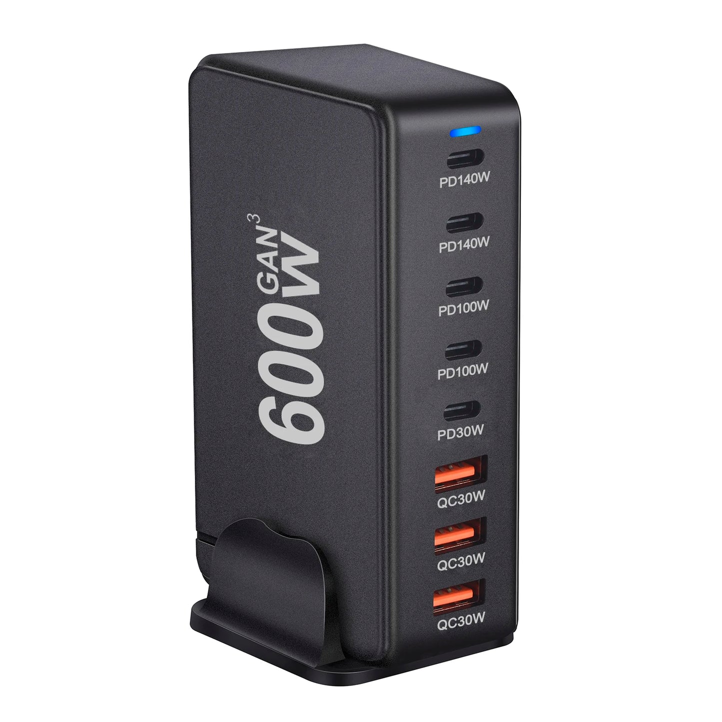 Cargador GaN Rápido 600W 8 Puertos (5 USB-C PD + 3 USB-A QC 3.0?) Portátil para Móvil/Tablet