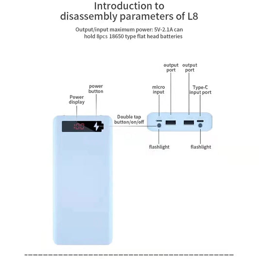 Caja Power Bank Shell DIY 5V (Doble USB/Micro USB/Tipo C) Soporte Baterías 18650 (Carcasa Desmontable, Sin Batería)