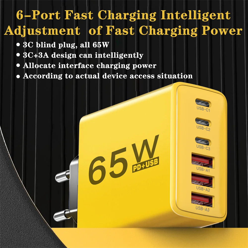 Cargador Pared USB C Múltiple 6 Puertos 65W Carga Rápida Total PD Adaptador Móvil para iPhone 15/16 Pro/Xiaomi/Samsung