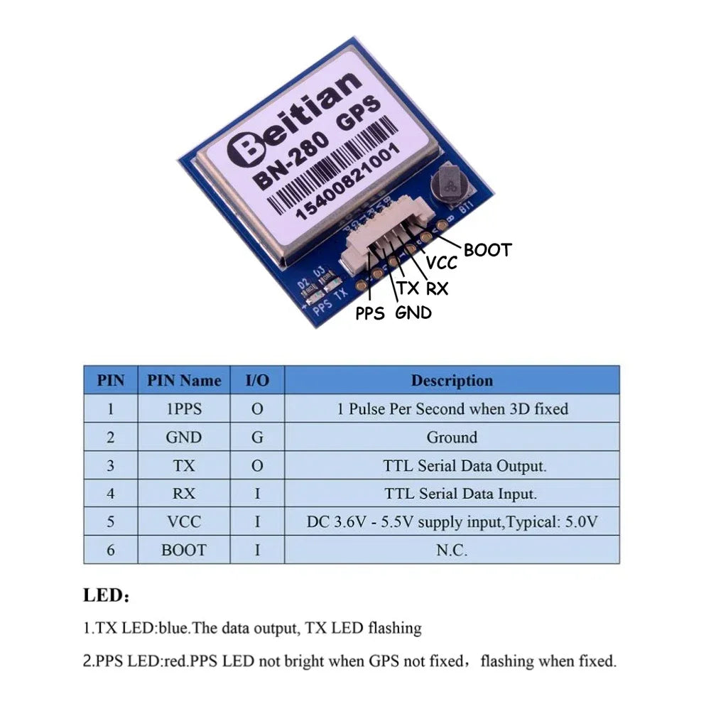 Módulo GNSS Dual Beitian BN-280 G-MOUSE (GPS/GLONASS, UART TTL, 4M Flash, 3-5V) para Arduino/RC/RPI/Drones