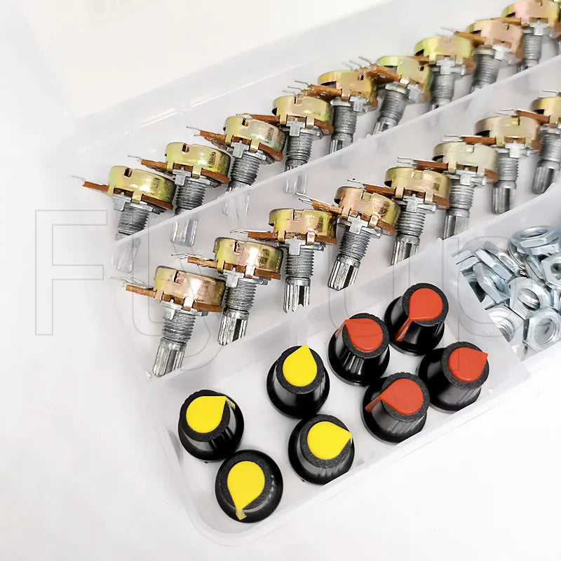 20sets /Box WH148 15MM Single Potentiometer Kit B5K/10K/20K/50K/100K With Knobs Set Shaft Nuts