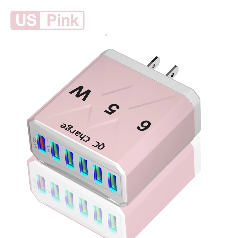 Adaptador Cargador Viaje Rápido USB 3.1A 6 en 1 Multi-Enchufe QC3.0 para iPhone 12/13/Samsung/Xiaomi