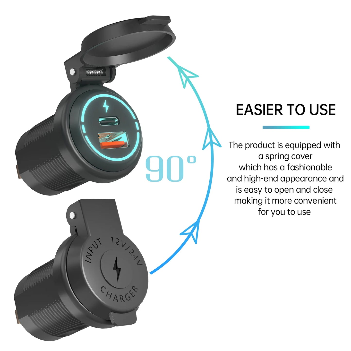Socket Cargador USB 100W Impermeable Carga Rápida PD Tipo-C + QC3.0 para Auto/Bote/RV/Moto 12V-24V