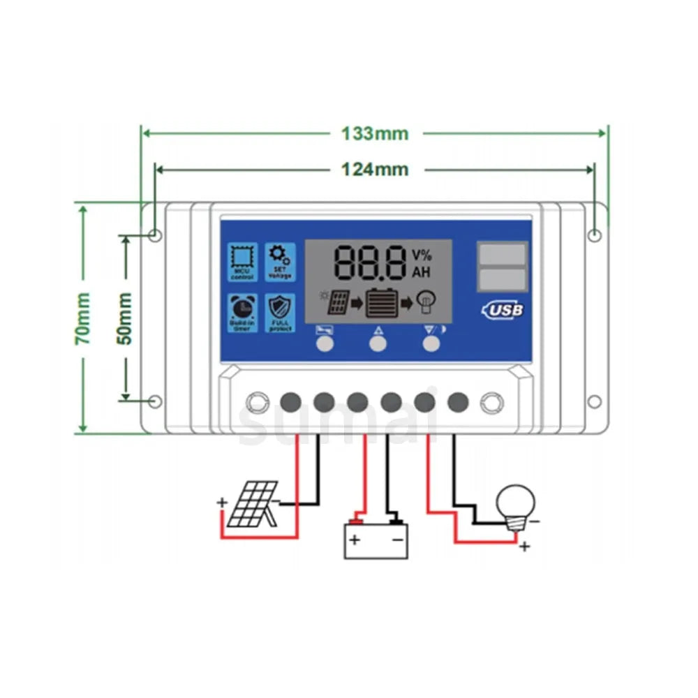 Controlador Carga Solar PWM 30A/50A/60A 12V/24V Auto LCD Dual USB 5V Regulador Panel Batería