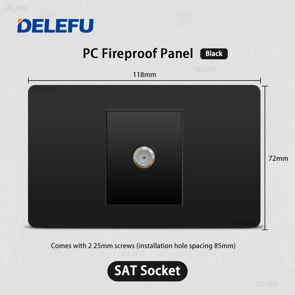 Enchufe Pared Delefu Italia/Chile PC Negro USB-C Carga Rápida + Schuko + Switch Smart Tuya WiFi + SAT/TV/TEL/Timbre